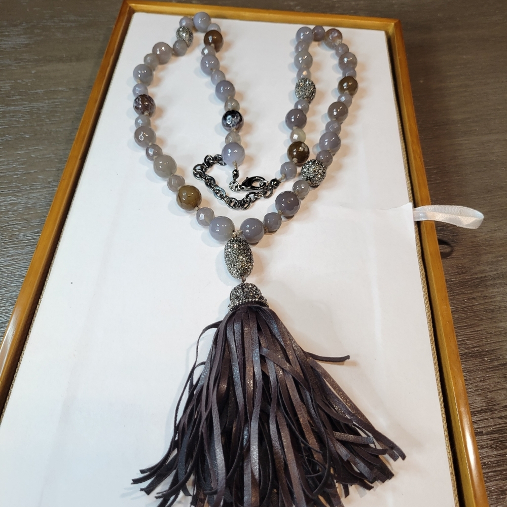 Chico's Black Label Beaded Tassel Necklace w/ Faceted Glass and Rhinestone Beads